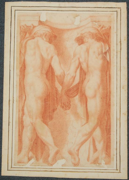 Old Master Classical nudes holding hands, 9 x 5.75in., unframed